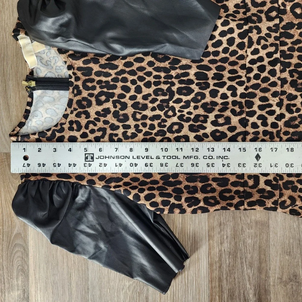 MICHAEL KORS Leopard Print Faux Leather Sleeve Fit‎ Flare Dress Women's Medium